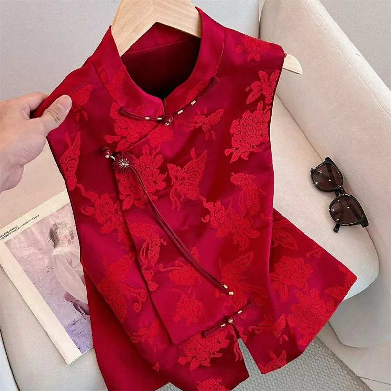 

Women Coat Fashion Spring and Summer Round Collar Sleeveless Waistcoat Loose jacquard Vest Jacket Joker Women Cardigan Top Coat