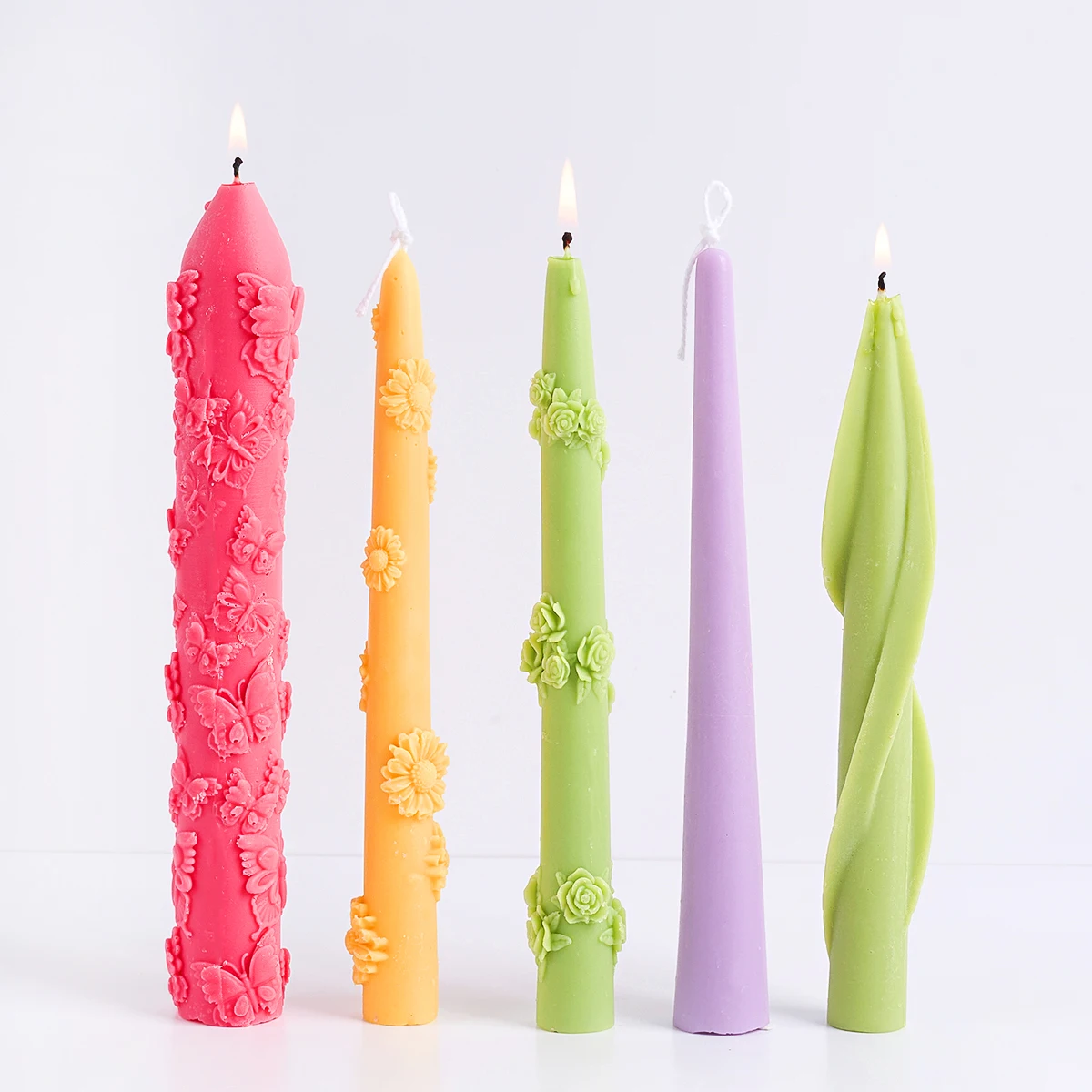 Embossed Pattern Silicone Candle Mold DIY Handmade Long Rods Flower Butterfly Twisted Stripes Candle Stick Resin Mold Home Decor