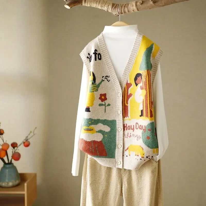 

Pop Preppy Style Cartoon Fashion Knitted Sweater Vest Women Clothing Sleeveless V-Neck Vintage Loose Spring Autumn Casual Cardig