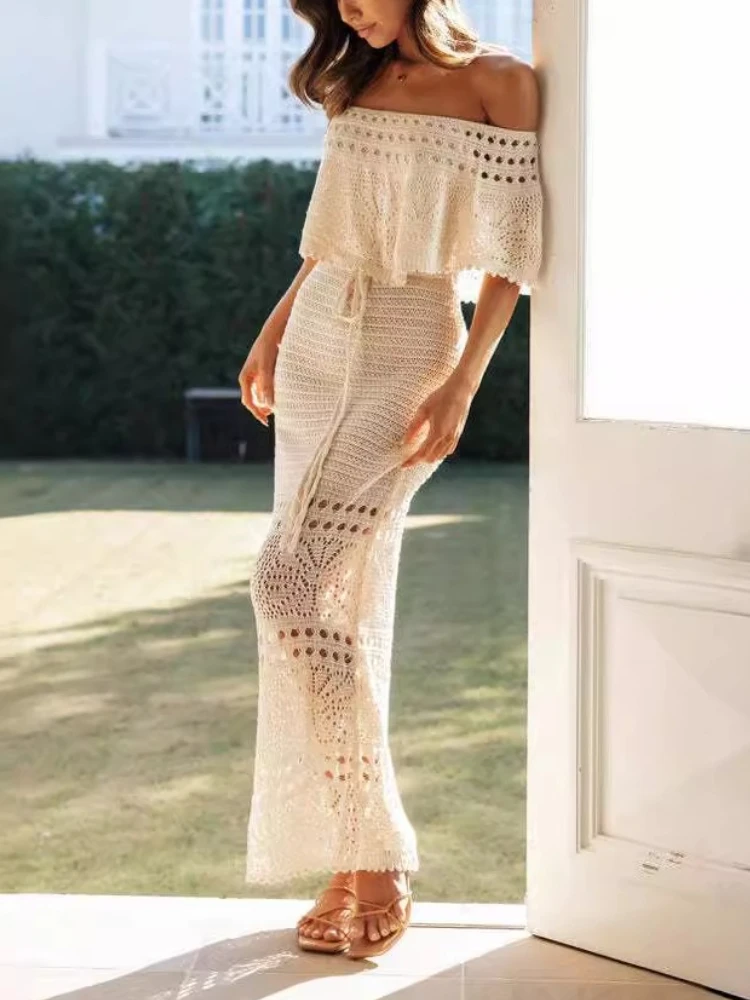 Robe Maxi taille moyenne, épaules dénudées, col Slash, couleur unie, décontractée, ligne a, cravate au dos, robe châle détachable, nouvelle collection