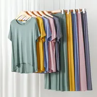 Summer Modal 2pcs homewear sets Loose O Neck T-shirt short sleeves and Wide leg pants Casual Thin sleepwear suit Plus size