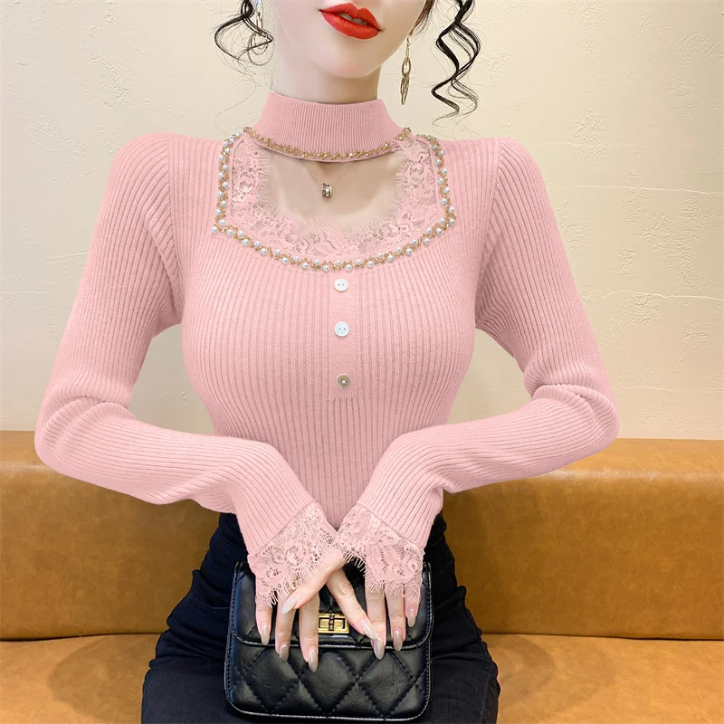 Maglione lavorato a maglia da donna pesante con giunture in pizzo rosa V-Ne Appeso Ne Design Autunno Inverno Nuovo Sle Faionable Base irt