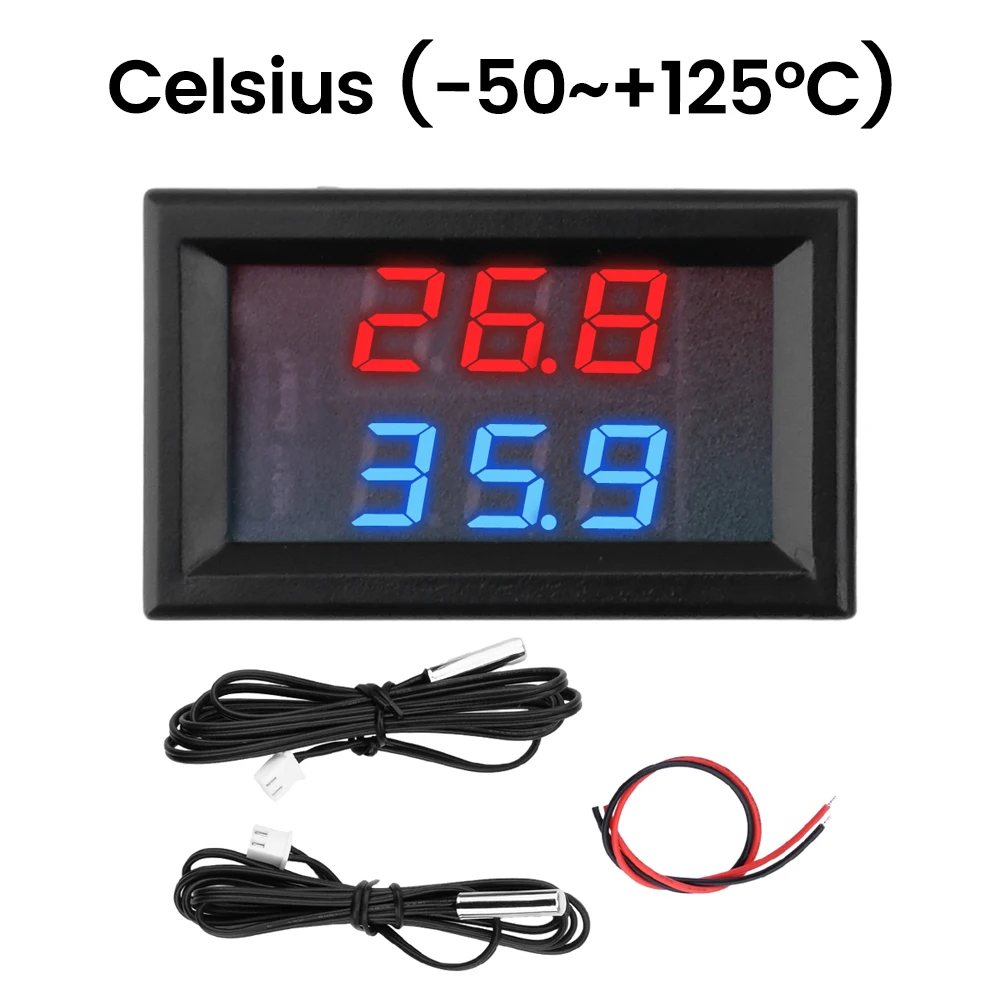 Dual Three-Digit Digital Thermometer High Accuracy Temperature Sensor DC 5~80V -50~+125℃ Wire Length 1M Red and Blue Display