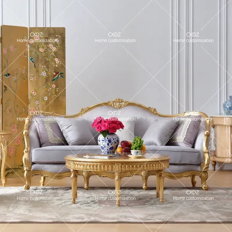 Small Fabric Sofa Set European Style All Solid Wood Large Flat Living Room Furniture with Gold Foil Accent Modern Home Decor