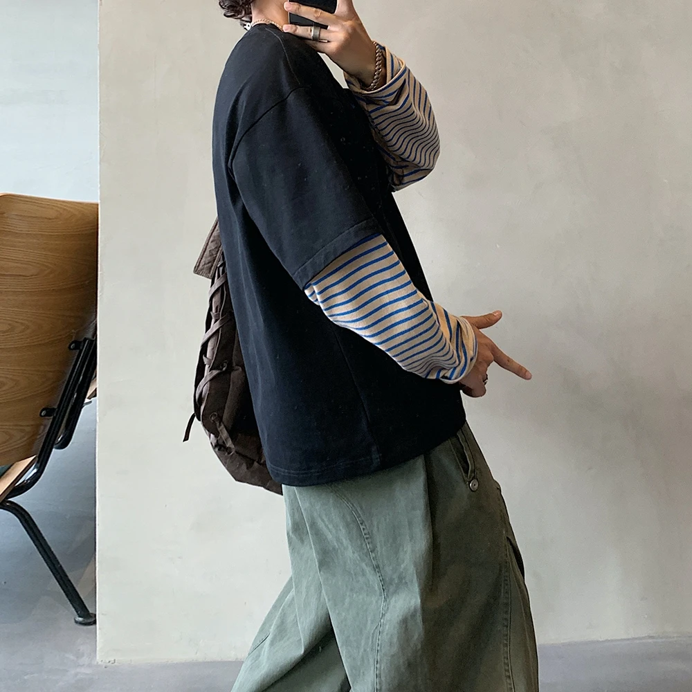 Japanese Style Stripe Long Sleeve T Shirt Men Women Loose Fit Pullover Casual Streetwear Sporty Top Spring Autumn Fashion Trendy