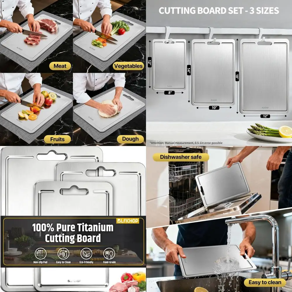 

Тройной набор двухсторонних разделочных досок из 100% чистого титана с канавкой для сока для использования на кухне, можно мыть в посудомоечной машине, серый