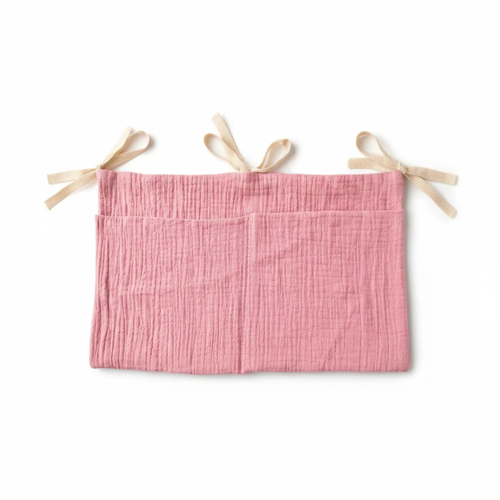 Babybett-Organizer Hängende Aufbewahrungstasche aus Musselin-Baumwolle Windel-Caddy Kinderzimmer Bettseitentasche Hängende Tasche mit Bändern Neu – Detail 4