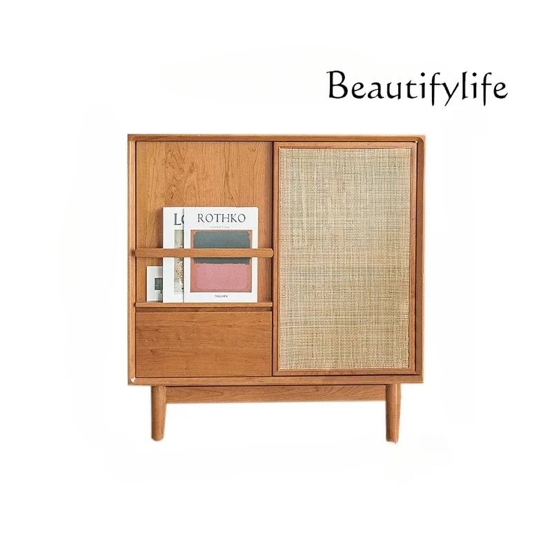 Japanese Rattan Solid Wood Magazine Cabinet Living Room Side Cabinet Retro Side Table Display Cabinet Made of Glass Side