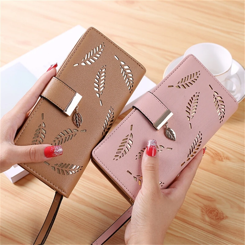 Women Wallet PU Leather Purse Female Long Wallet Gold Hollow Leaves Pouch Handbag For Women Coin Purse Card Holders Clutch