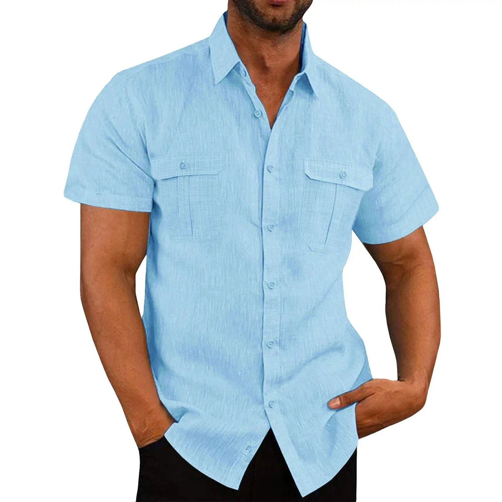 Camisas con botones para hombre, camisa informal de manga corta con cuello de solapa, Color sólido, Tops de verano