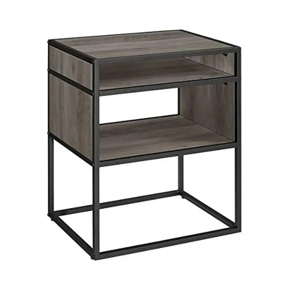 

Modern Industrial Metal Frame Wood Side Accent Table Set with Storage Shelf Grey Wash 20 Inch Height Living Room End Table