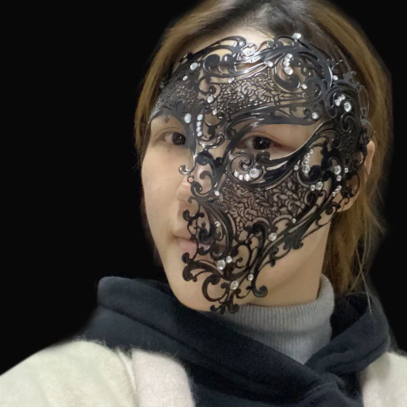 Golden Metal Filigree Masquerade Mask Half Face Rhinestone Inlaid Venetian Mask for Halloween Party Cosplay Costume Accessory 6
