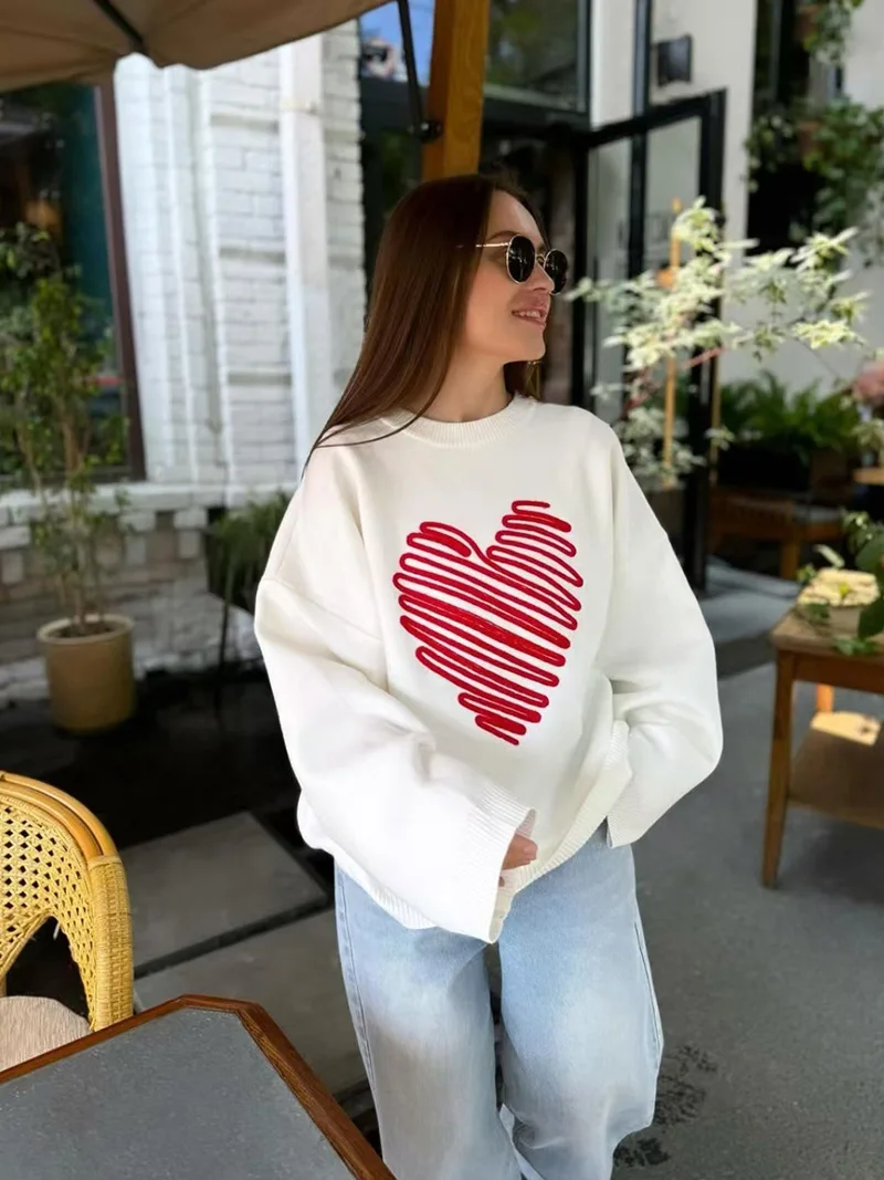 MSCSZ Lover Heart ถักเสื้อกันหนาวผู้หญิงแขนยาวสีขาวเสื้อกันหนาวขนาดใหญ่แฟชั่น Streetwear หลวมจัมเปอร์