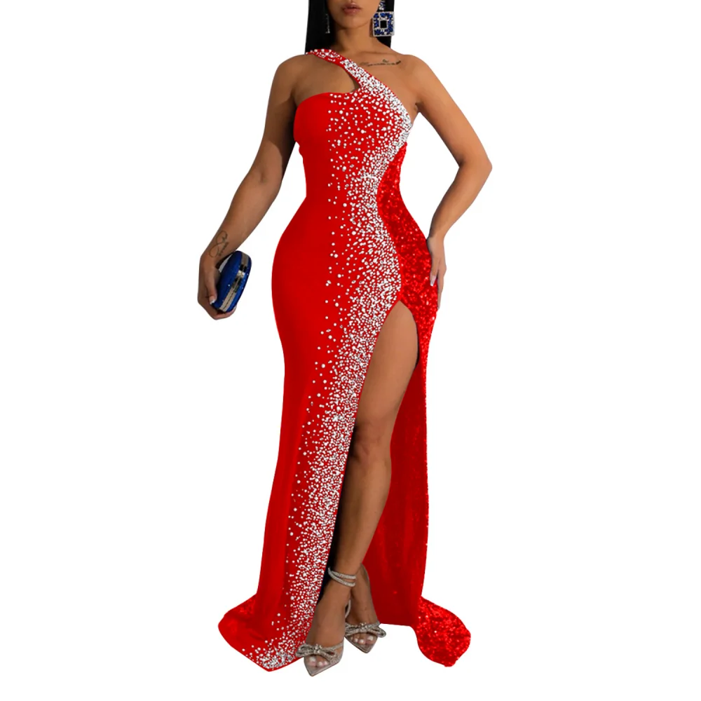 Um ombro strass lantejoulas sexy alta divisão vestido longo elegante vestidos de festa para as mulheres robe bodycon festa noite clubwear