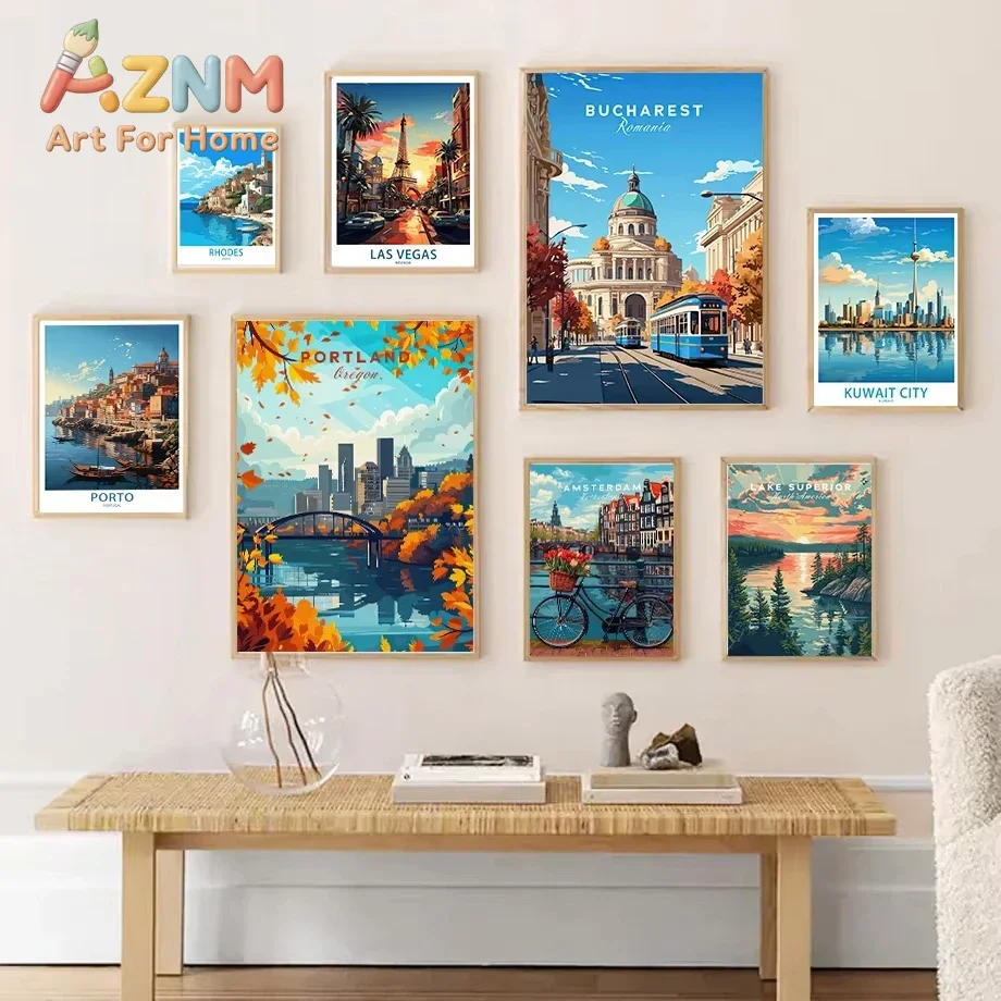 Watercolour City Beauty Las Vegas Greece Lake Superior Mackinac Island Fashion Wall Art Canvas Painting Nordic Poster Room Decor