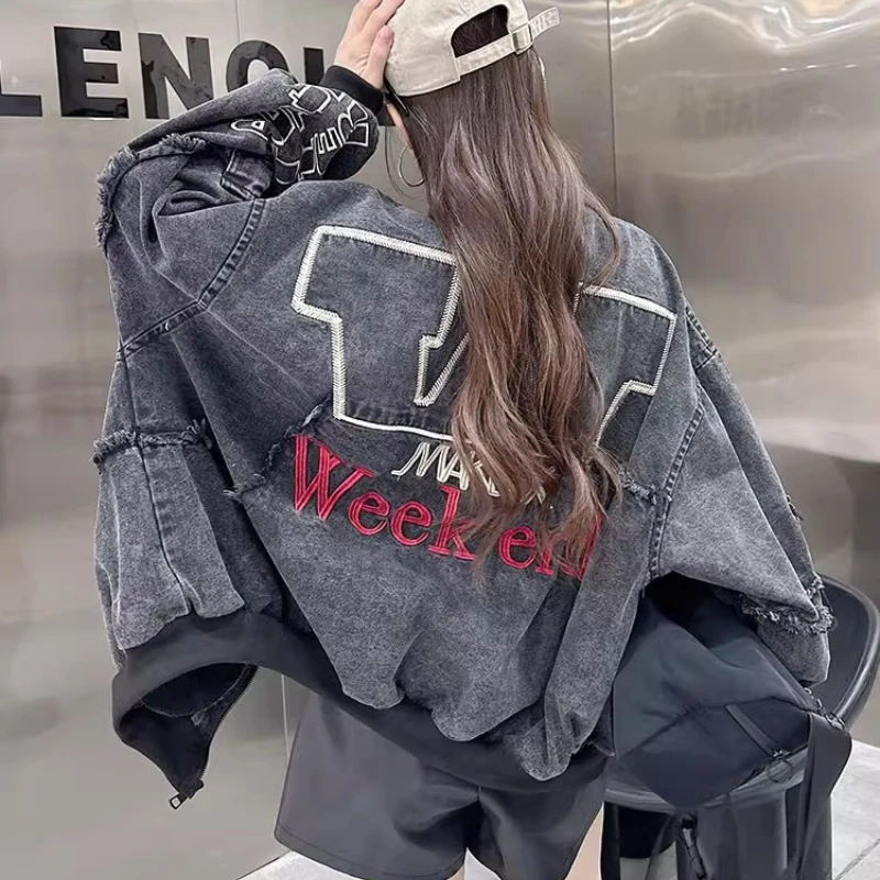 블랙 레트로 데님 재킷 유니섹스 봄 가을 루즈 슬라우치 아메리칸 스트리트 스타일 빈티지 야구 패션 트렌디 코트