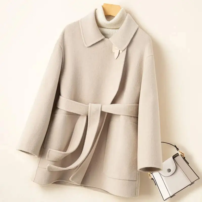 معطف بدلة نقية أنيق للنساء مع ربطة عنق على الطراز الكوري ملابس خارجية صوفية مزدوجة الجوانب بلون سادة لخريف وشتاء #2