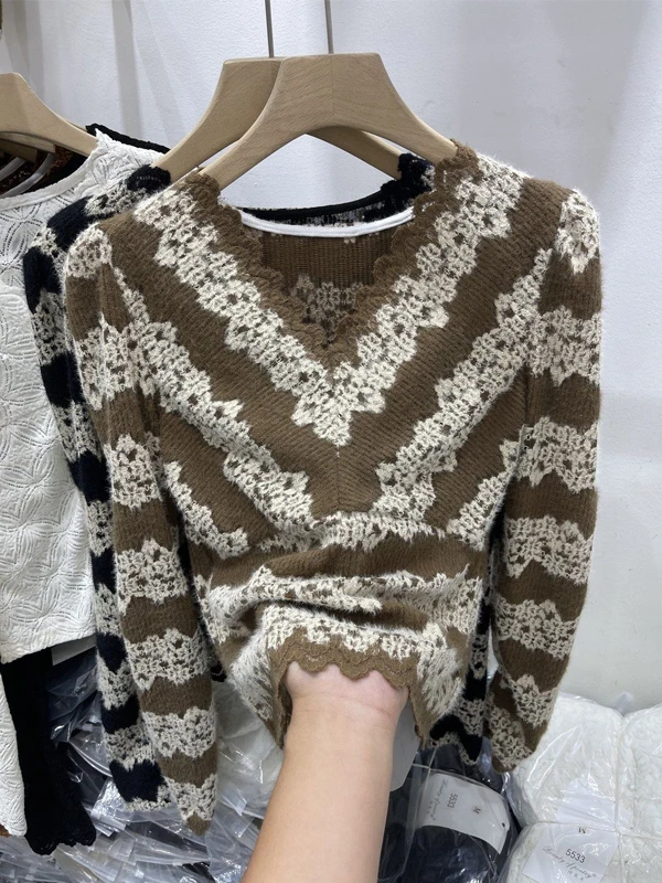 

Faionable Knitted Lace Fluffy Stripe Top Women's Autumn Winter Slim Fit ort Bubble Sve T-irt Trendy Commute Sle