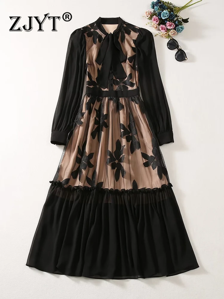 

ZJYT Autumn Runway Embroidery Gauze Midi Black Dresses for Women 2023 Fashion Long Sleeve Sexy Party Formal Occasion Vestidos