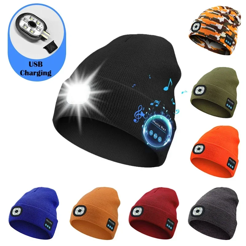 LED Light Outdoor Sport Wireless Headphone Trail running Knit Hat Beanie Earphone Bluetooth Stereo Speakers Cap Earbuds With MIC