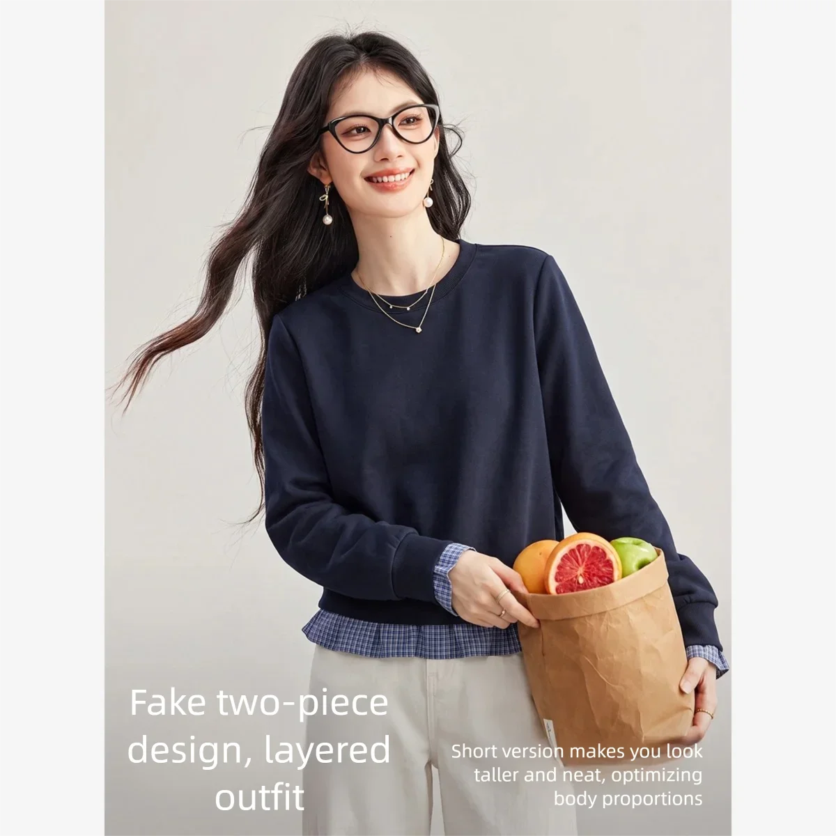 VIMLY Women's Navy Round Neck Sweatshirt Fake Two-Piece Plaid Spliced Long Sleeve Sweatshirts 2026 Casual Vintage Pullover A7260