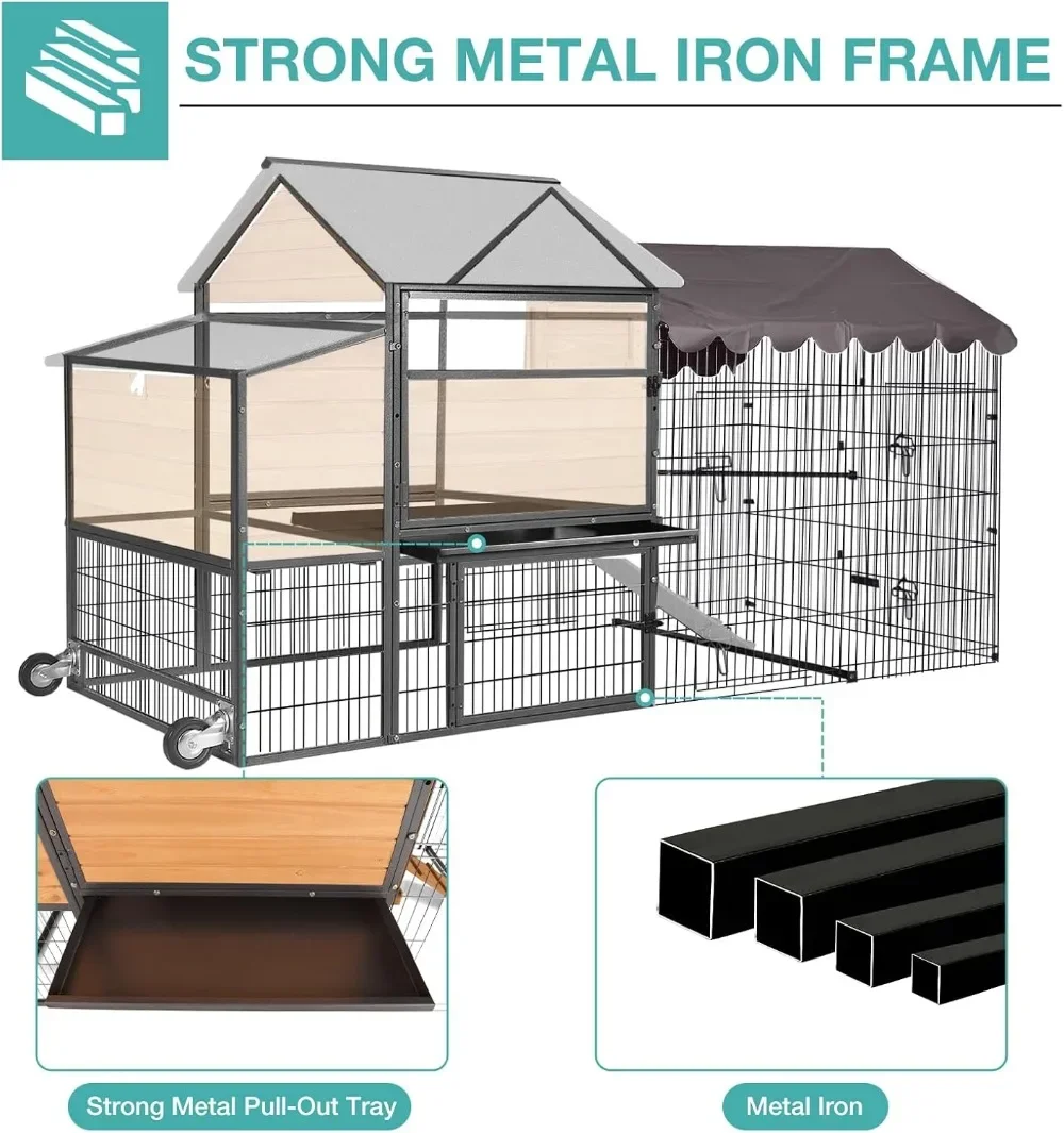 Mobile Chicken Coop,Large All-Steel Frame Hen House for 6-8 Chickens Poultry Cage with Nesting Box Metal Run,Waterproof Rain