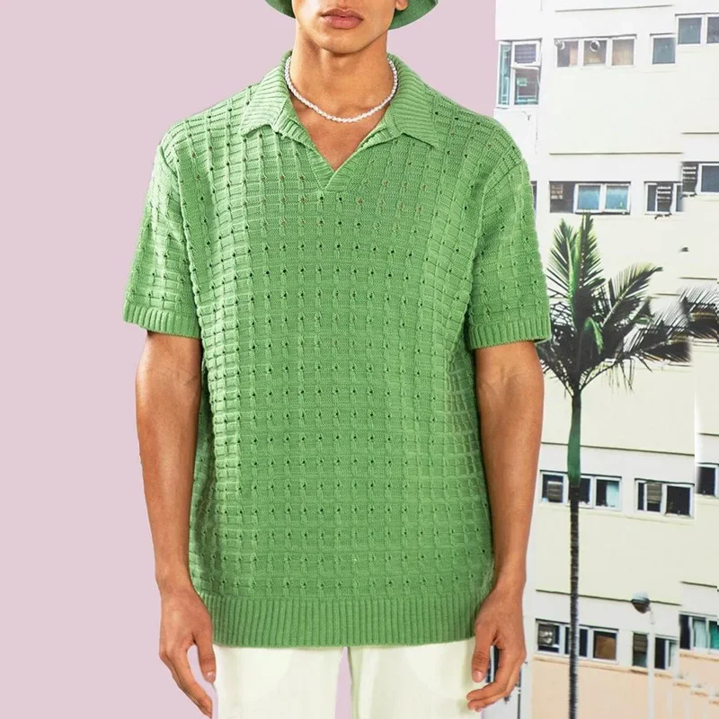 Camiseta para hombre, suéter POLO holgado elástico, camiseta informal tejida de manga corta, camisetas con cuello en V para hombre, Polos de Color