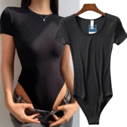 Sexy Short Sleeve Ribbed Square Neck Thong Bodysuits Summer Women Seamless Shaperwear Tummy Control Body Shapers Belly Sculpting