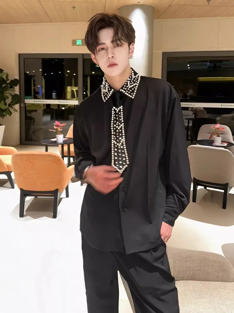 Mens Design Diamonds Pearl Tie Fashion Black Shirt Loose Fit Long Sleeve Top Turn-Down Collar Single Breasted Casual Shirts Men