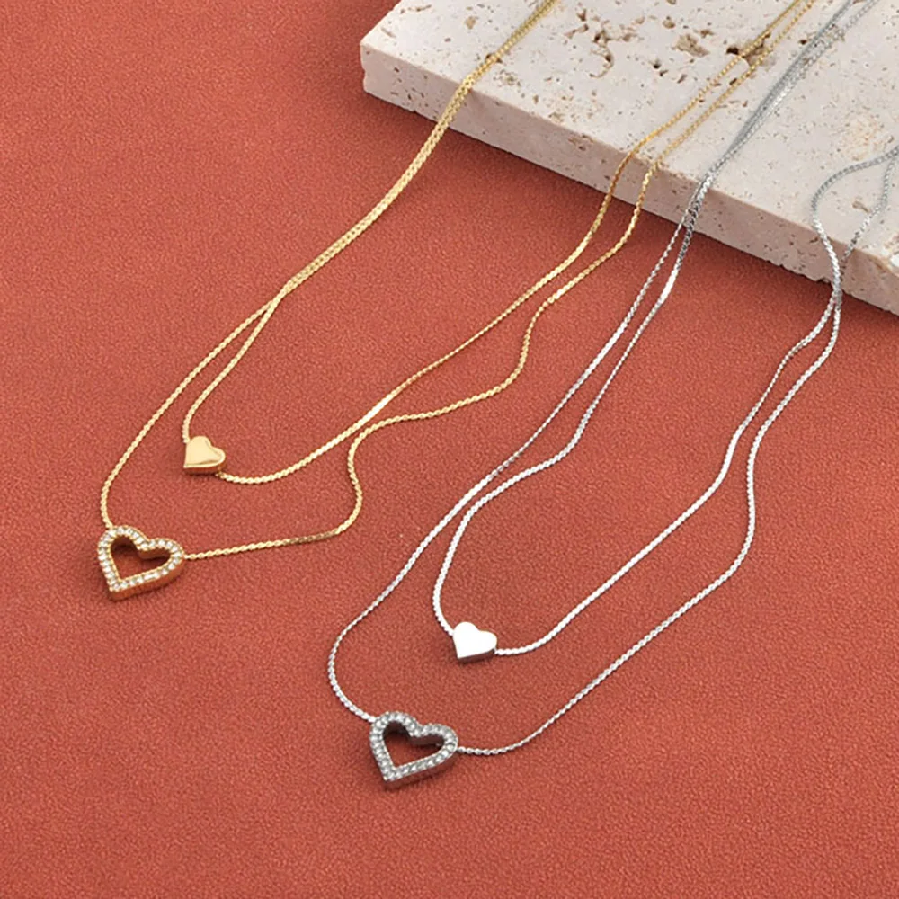 Lokaer Edelstahl Doppelschichtige Zirkon-Herz-Anhänger-Halsketten für Damen, vergoldeter Choker, modischer, exquisiter Schmuck N26019