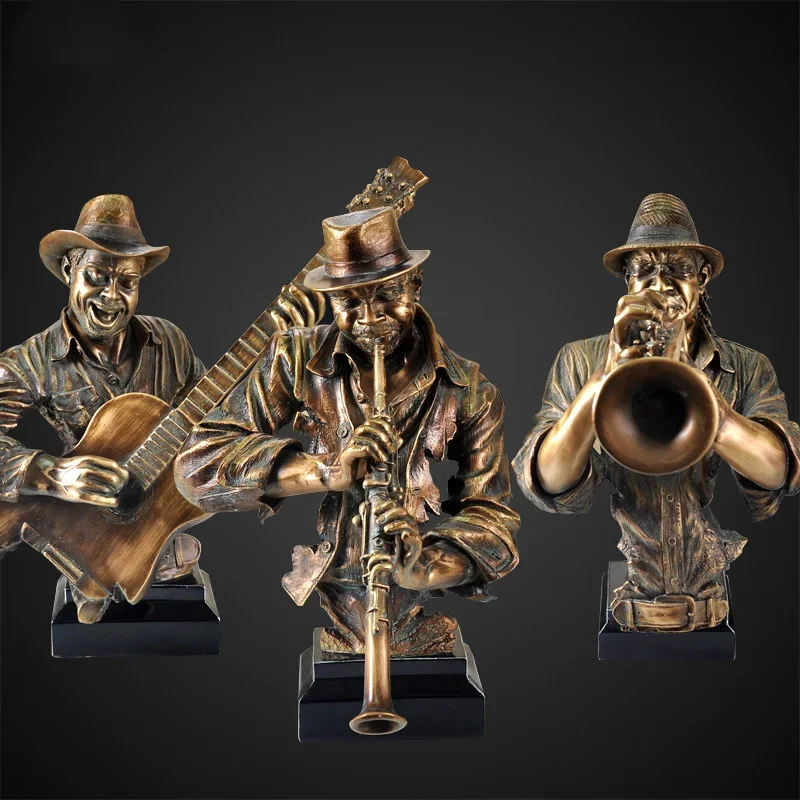 Luxury Musician American Retro Resin Crafts Cast Copper Music Figure Statue Band Sculpture Decoration Home Living Room KTV Bar