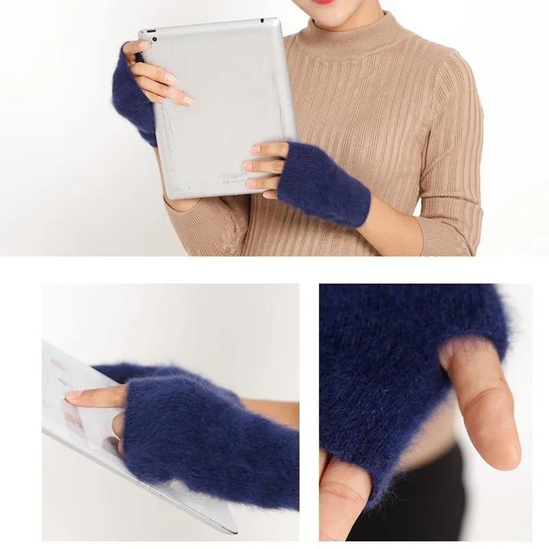 Mink Cashmere Autumn Winter Gloves Fingerless Warm Racoon Wool Mitten Wrist Length With Thumb Hole Mitts Korean Female Lovely