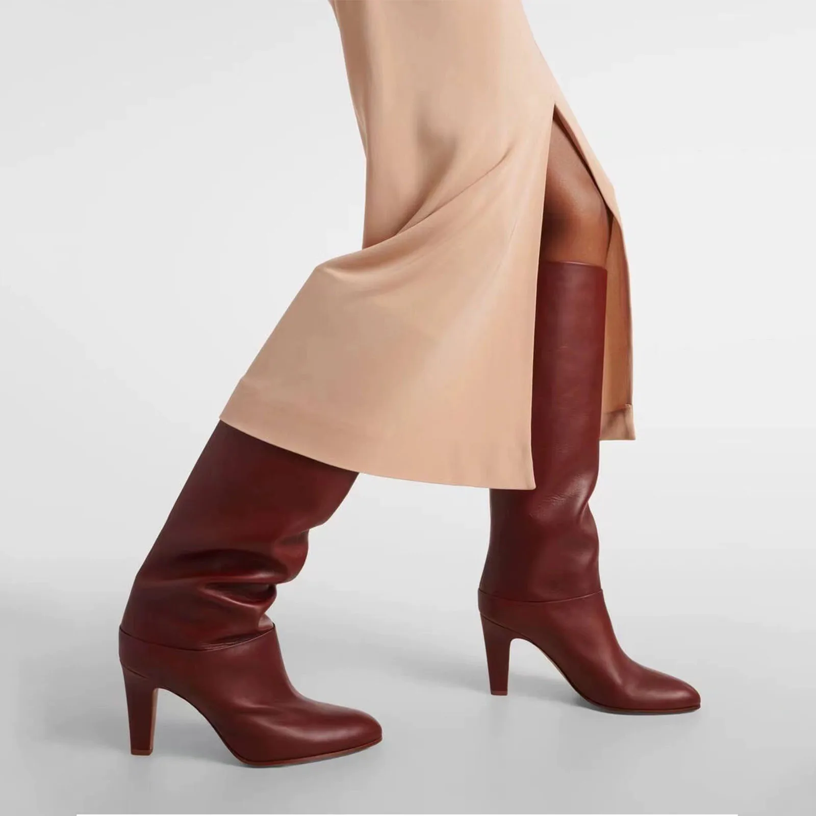 

Arden Furtado 2024 Autumn Round toe chunky heels knee high boots Patchwork Slip-on Straight boots Extra large size Modern boots