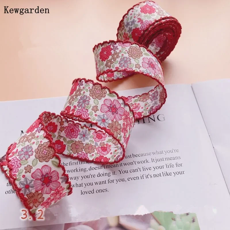 Kewgarden DIY Bows Hair Accessories 32mm 12mm Print Floral Overlock Edge Ribbon Handmade Tape Sewing Crafts 5 Meters