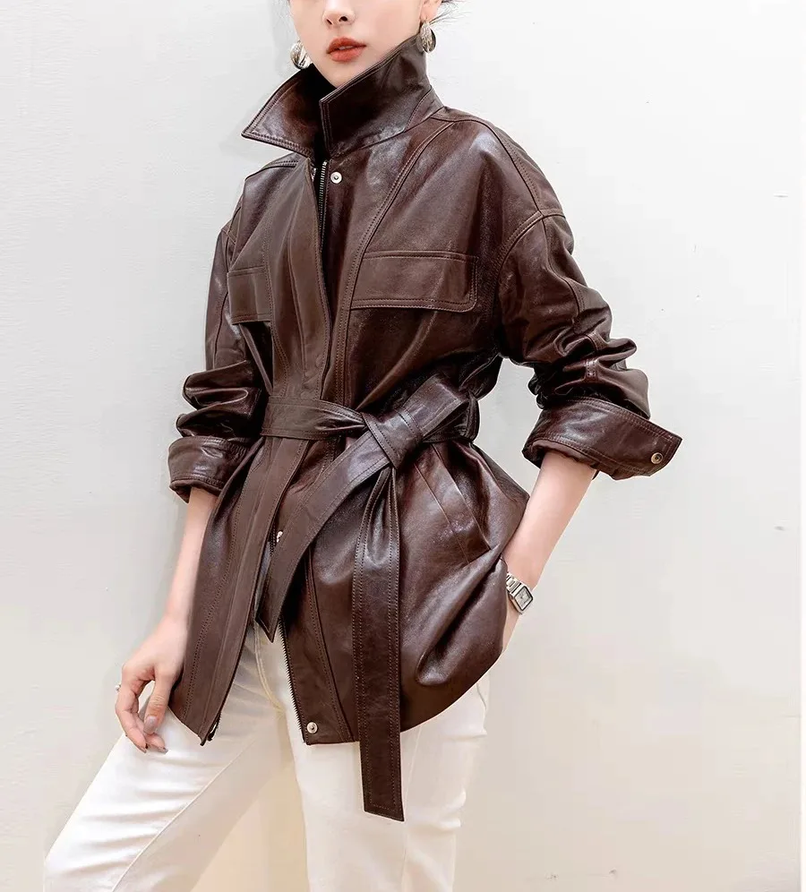 Outfits 2025, neue importierte Ölwachs-Leder-Windjacke für Damen, Retro-Braun, lässig, mittellange Jacke mit Schärpe, Abrigo Mujer