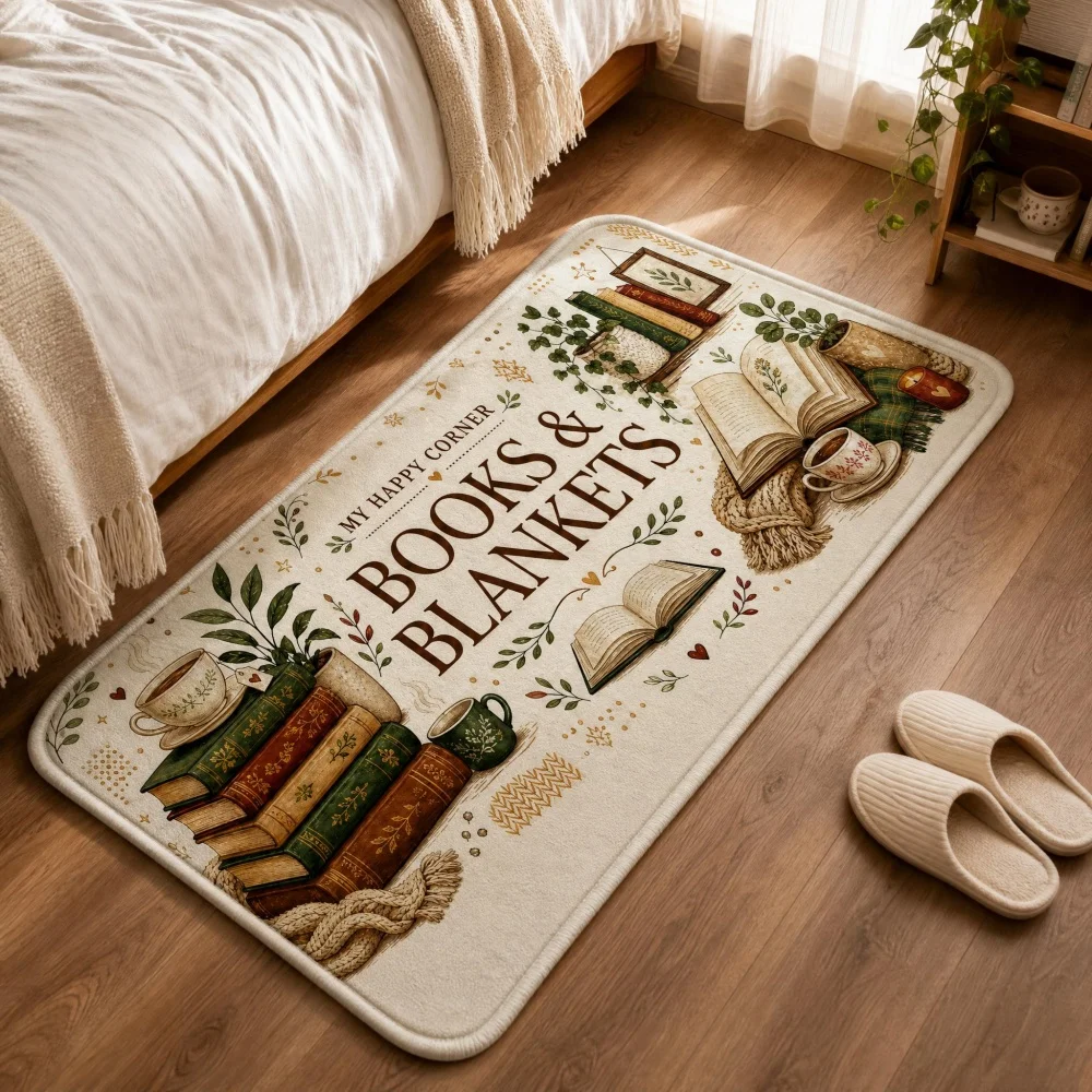 Non Slip Crystal Velvet Long Runner Rug Vintage Book Plant Print Indoor Hallway Bedroom Reading Nook Decor Floor Mat