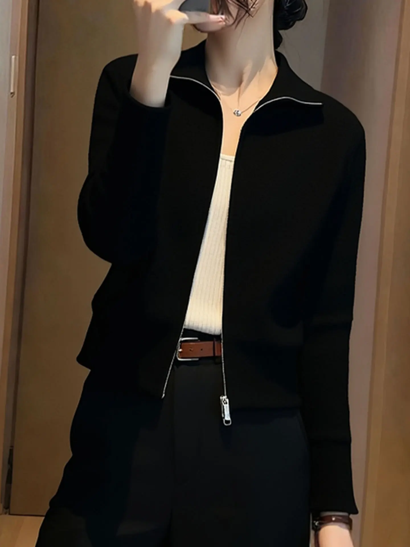 Coréen Sle Long Sve Camere fermeture éclair tricoté ouvert Cardigan hiver trajet polyvalent vêtements d'extérieur pull haut pour les femmes