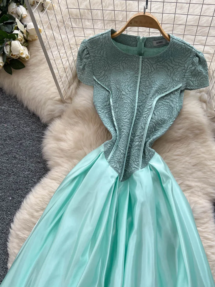 เอเล่ ซาติน ลองดรกระโปรงทรงเอเอวสูงแฟชั่นฤดูร้อนของผู้หญิง เหมาะสำหรับเดินทางไปทำงาน ชุดราตรีสวยๆ สไตล์เกาหลี