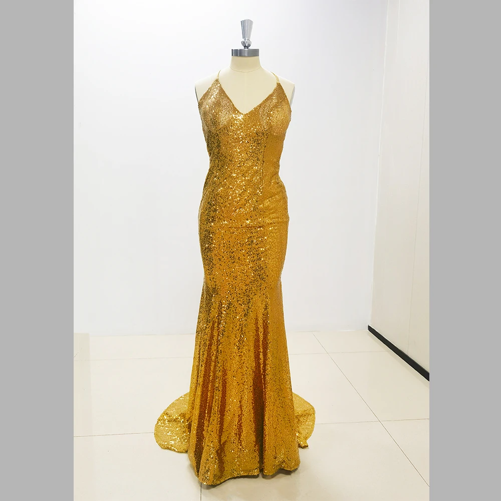 Gold Sequined Evening Dresses Chic V-Neck Sleeveless Mermaid Gowns Basic Fashion Sweep Train Wedding Party Prom Dresses 2024