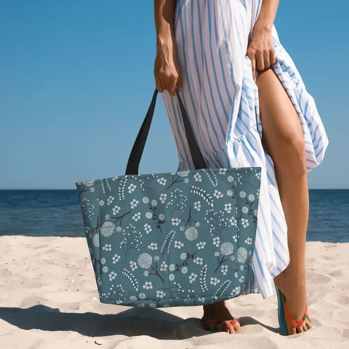 Floral In Teal Beach Travel Bag, Tote Bag Retro Shopping Out Birthday Gift Multi-Style Pattern