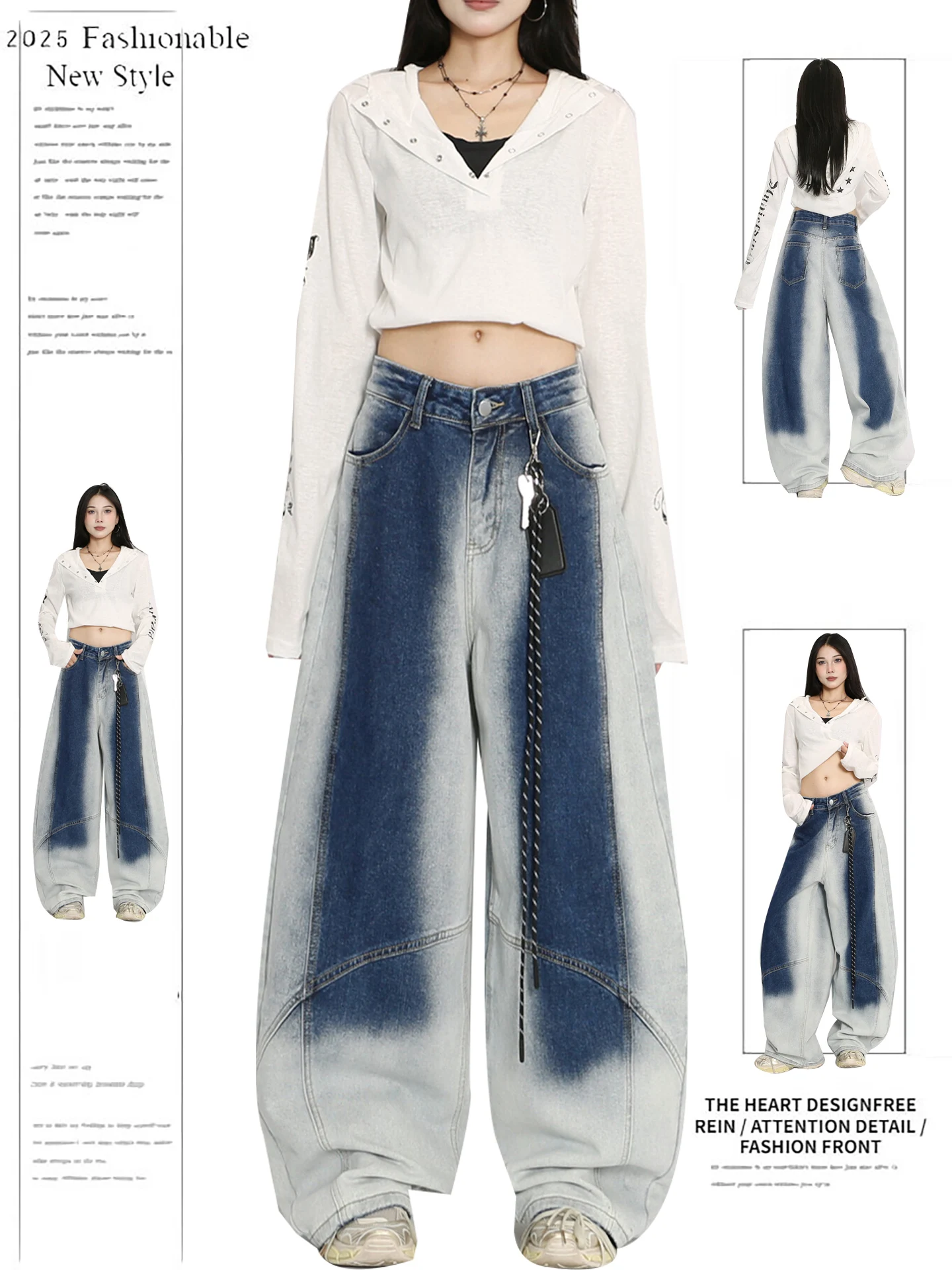 

Waed Blue Jeans Women's Loose Slim Wide Leg Casual Pants Autumn Season High Waist Denim Fabric Casual Sle Knife