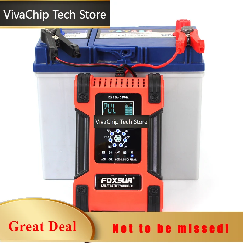 VivaCTNew Car Battery Charger For 12V 12A 24 6A With LCD Repair Functions Lead Acid AGM Battery Charger
