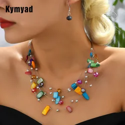 Kymyad Crystal Necklace Earrings For Women Colorful Shell Jewelry Sets Multilayer Choker Necklace Women Jewelry Set  Accessory