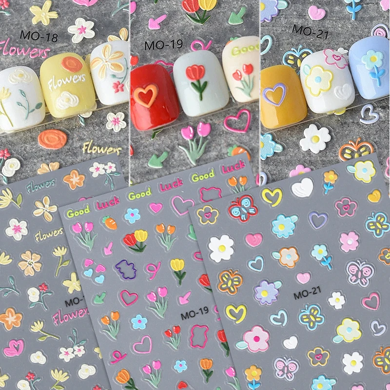 3 Stück Frühlingsblumen Geprägte 3D-Nagelaufkleber Cartoon Blumen Buchstaben Herz Transfer Slider für Mädchen Kinder DIY Maniküre Dekor