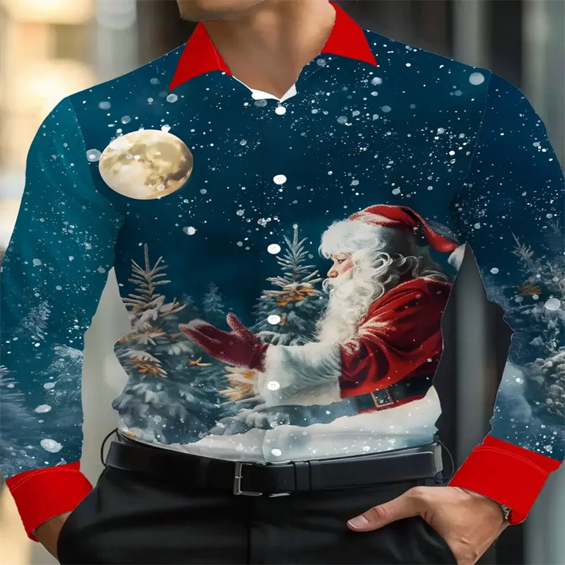 

2025 Fashion Santa Claus Casual Men's Shirt Daily Autumn and Winter Lapel Stretch Shirt Carnival Party Clothing