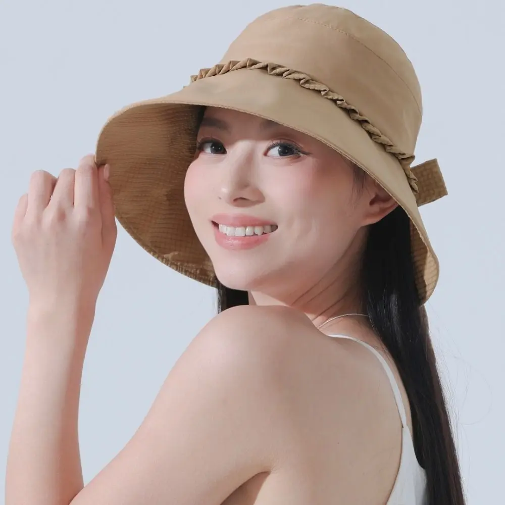 

High Quality Bow Fisherman Hat Casual Thin Solid Color Sunscreen Hat Sun Hat Windbreak Rope Sunshade Basin Hat Outdoor Summer