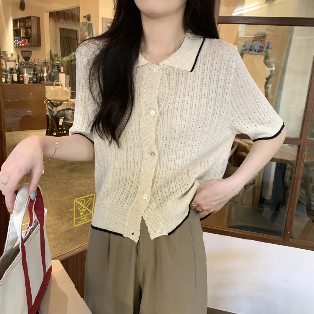 Vintage Polo Collar Knitted Cardigan Women Tops Korean Fashion Short Sleeve Solid Sweater Hollow Out Office Lady Blouse