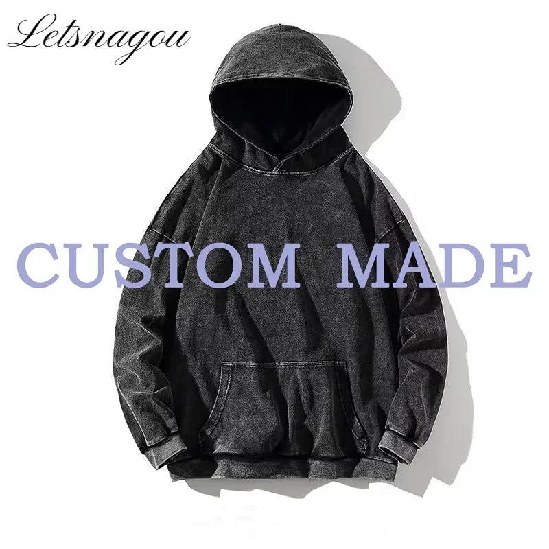 HAI Customizable Retro Washed Hoodies 100% Cotton Tops Black Acid Vintage Hooded Sweatshirts Oversize Hip Hop Male Pullover