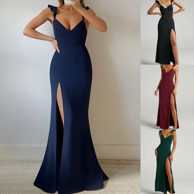 

Fashion Hollow Out Girls Party Gown Dress Sexy Straps Bandage Bow Evening Dress Sexy Higt Split Female Bridesmaid Vestidos Robes