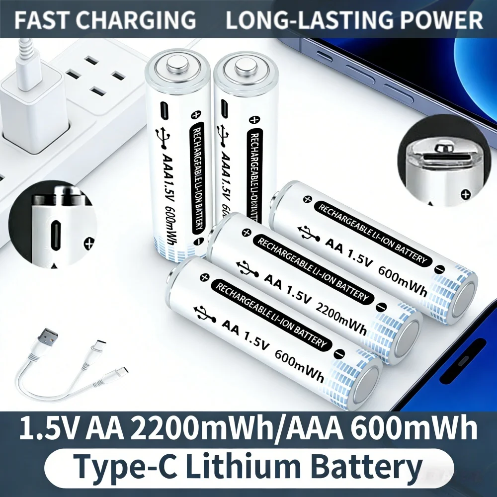 

USB-C Rechargeable 1.5V 2200mWh AA 600mWh AAA Lithium Batteries Fast Direct Charge for Flashlight, Toys, Microphones